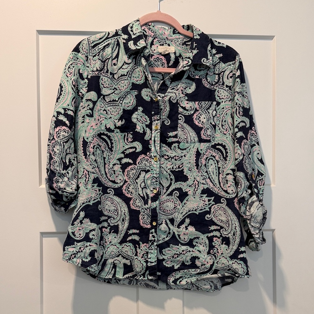 Charter Club Navy Linen Shirt with Mint & Blush Paisley size medium vgc